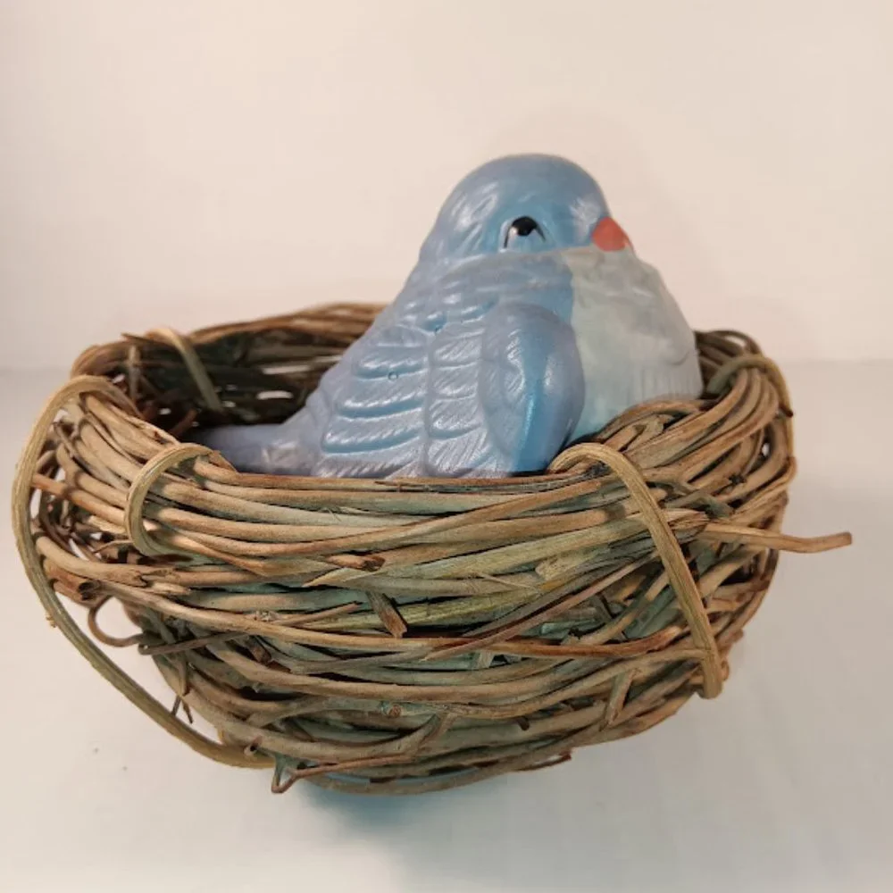 Blue Ceramic Bird in Wicker Nest - Decorative Home Accent